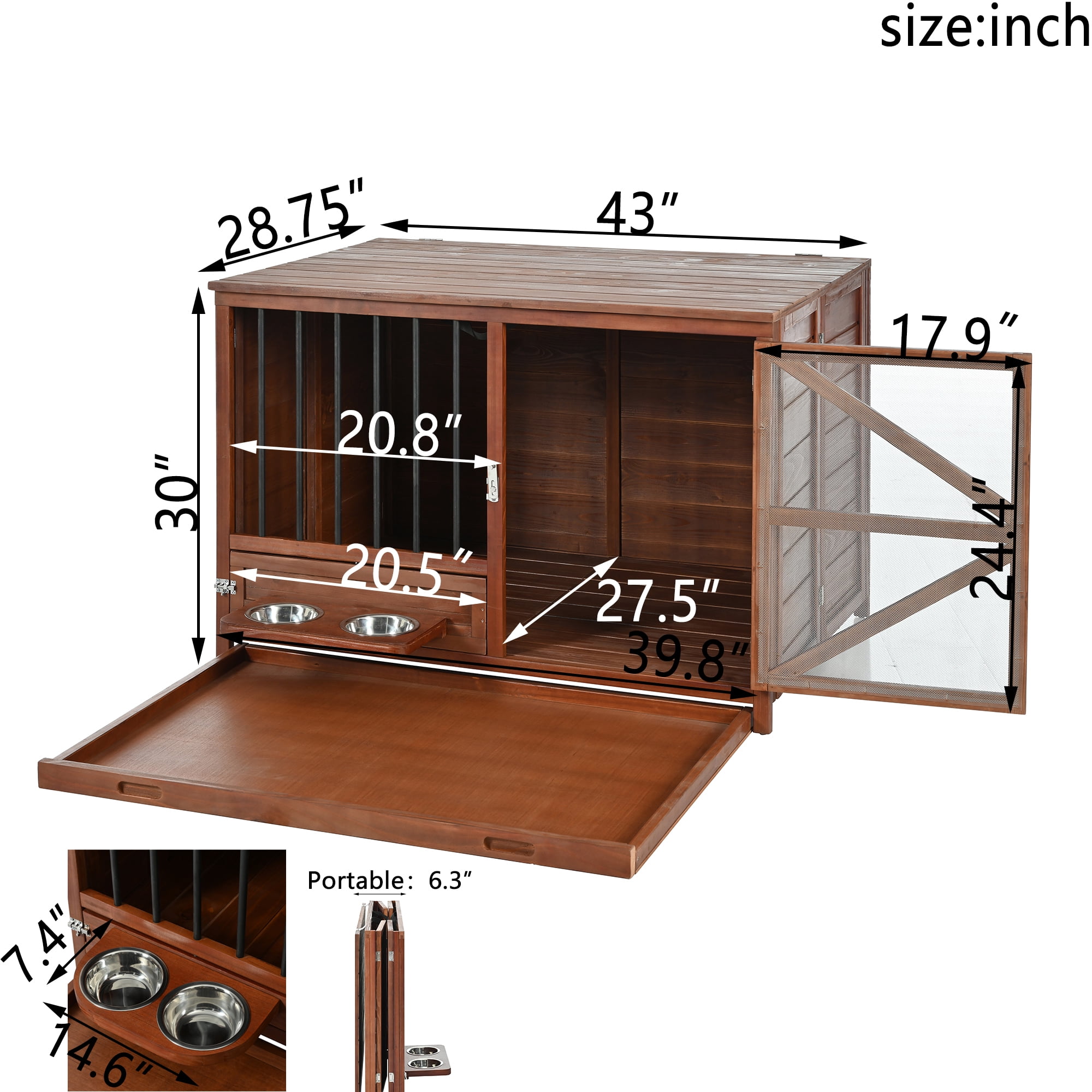 Euroco 43" Solid Wood Dog Crate Furniture, Foldable Indoor Kennel with 360° Rotating Feeder Multi-Functional End Table for Small & Medium Dogs, Portable Pet Cage with Removable Tray & Easy Assembly