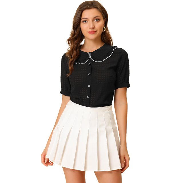 Blusa Abotonada Con Cuello Peter Pan Y Ribete De Color En Contraste Para Mujer Negro M