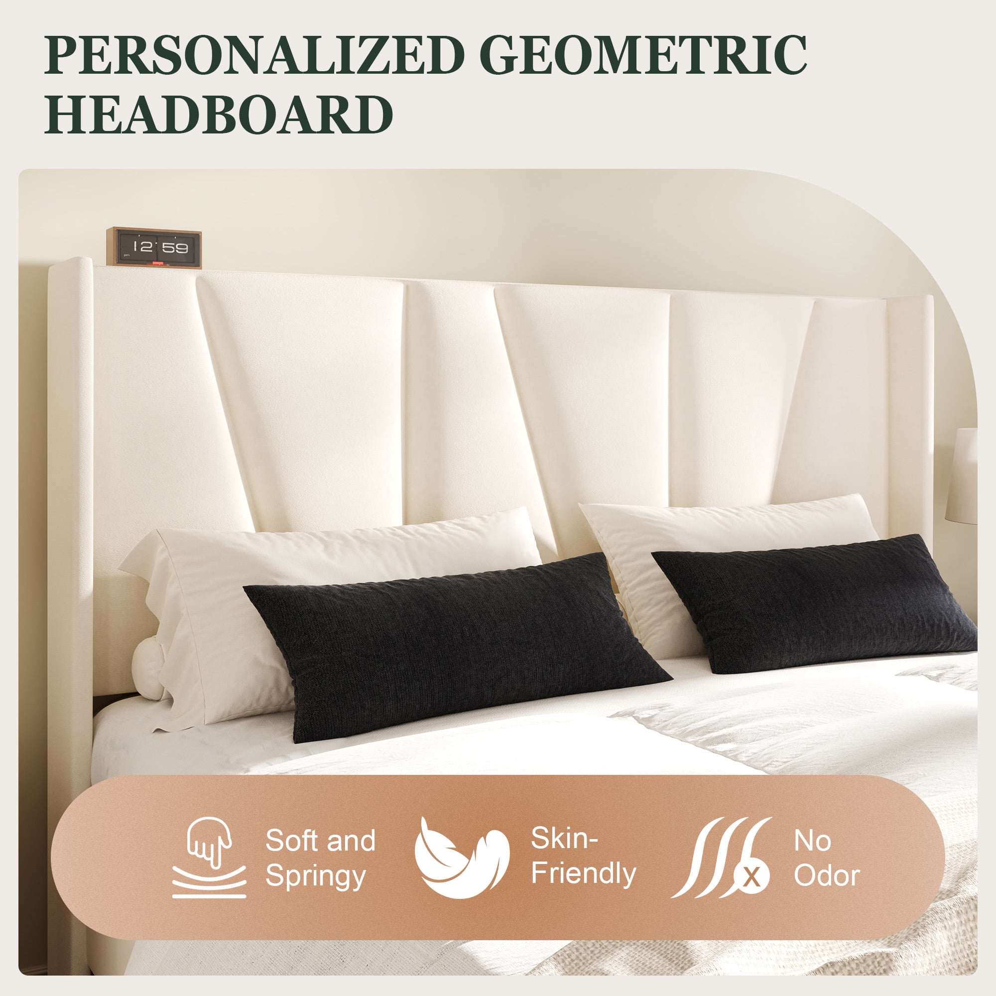 Amolife Full Bed Frame, Upholstered Platform Bed with Wingback and Geometric Headboard, Cream White