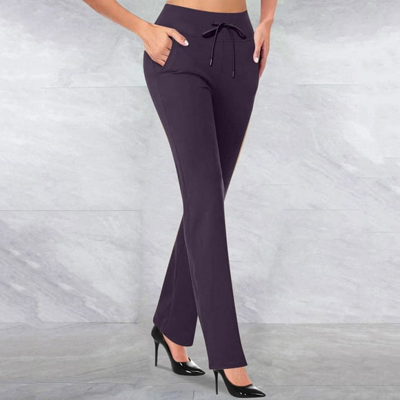 Clearance Sale! Women's Yoga Dress Pants 2025 Tummy Control Workout Bootleg Leggings Stretchy Office Casual Stretch Slacks Pants with Pockets Purple S