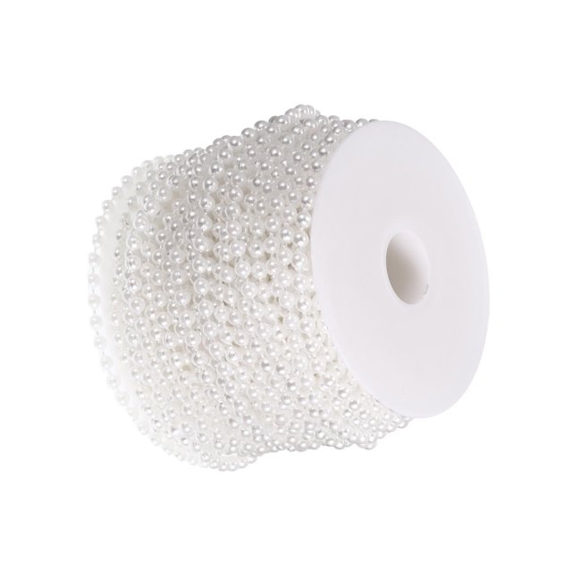 Kearding Rollo de cuentas de perlas de imitación de 30m, cadena de cuentas blancas de 5mm, cadena de cuentas enrolladas, joyería de costura Artesanía