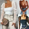 thumbnail image 1 of Womens Ladies Tulle Square Neck Frill Mesh Puff Long Sleeve Party Tee T Shirt, 1 of 4