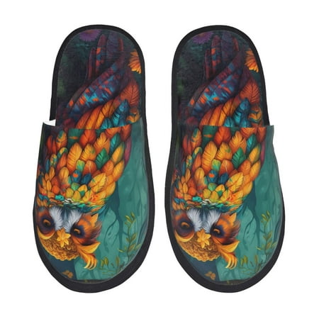 Balery Colorful Owl Forest Slient Indoor Furry Fleece Comfort House Shoes Soft Non-Slip Home Shoes Cotton slippers House Slippers-- Medium