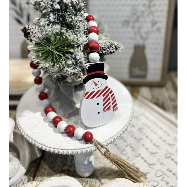 Parisloft Christmas Wood Bead Garland with Snowman Decor