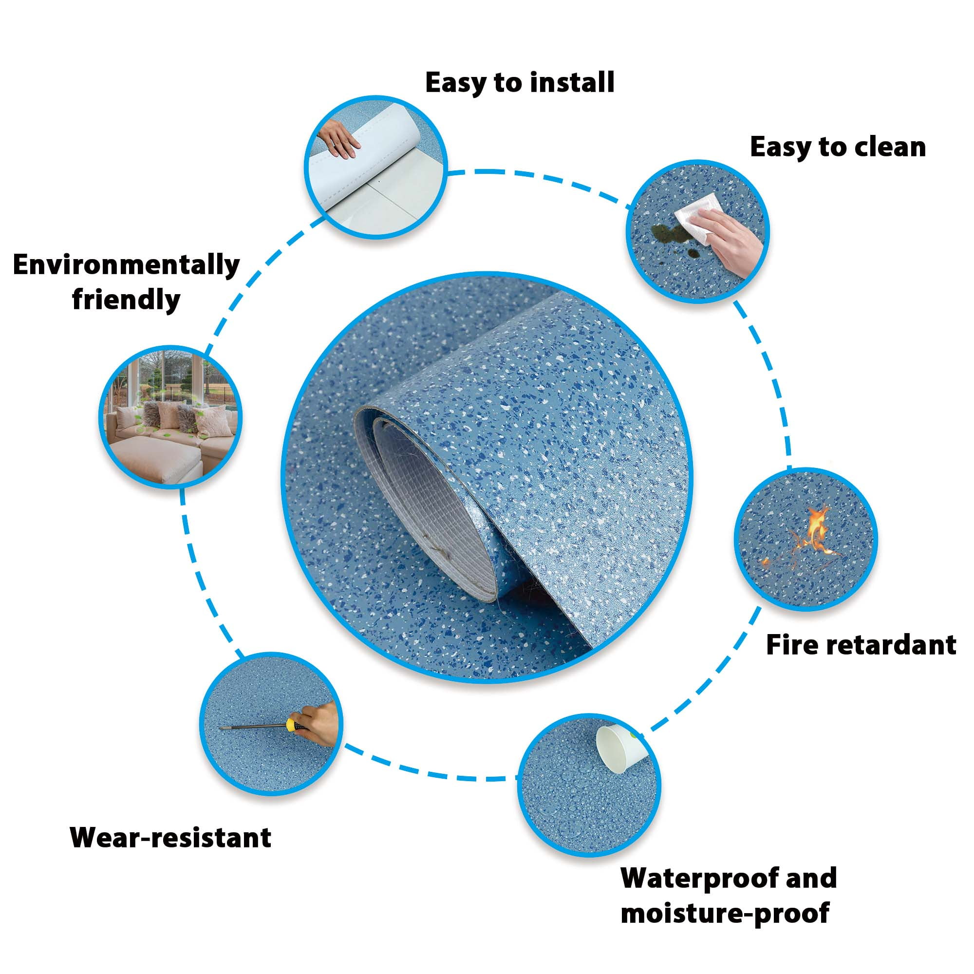 vinyl roll flooring PVC Blue Flooring Mat Tiles 39"x 197" Waterproof Thicken Carpet for Bathroom Living Room Kitchen 1.4mm thickness
