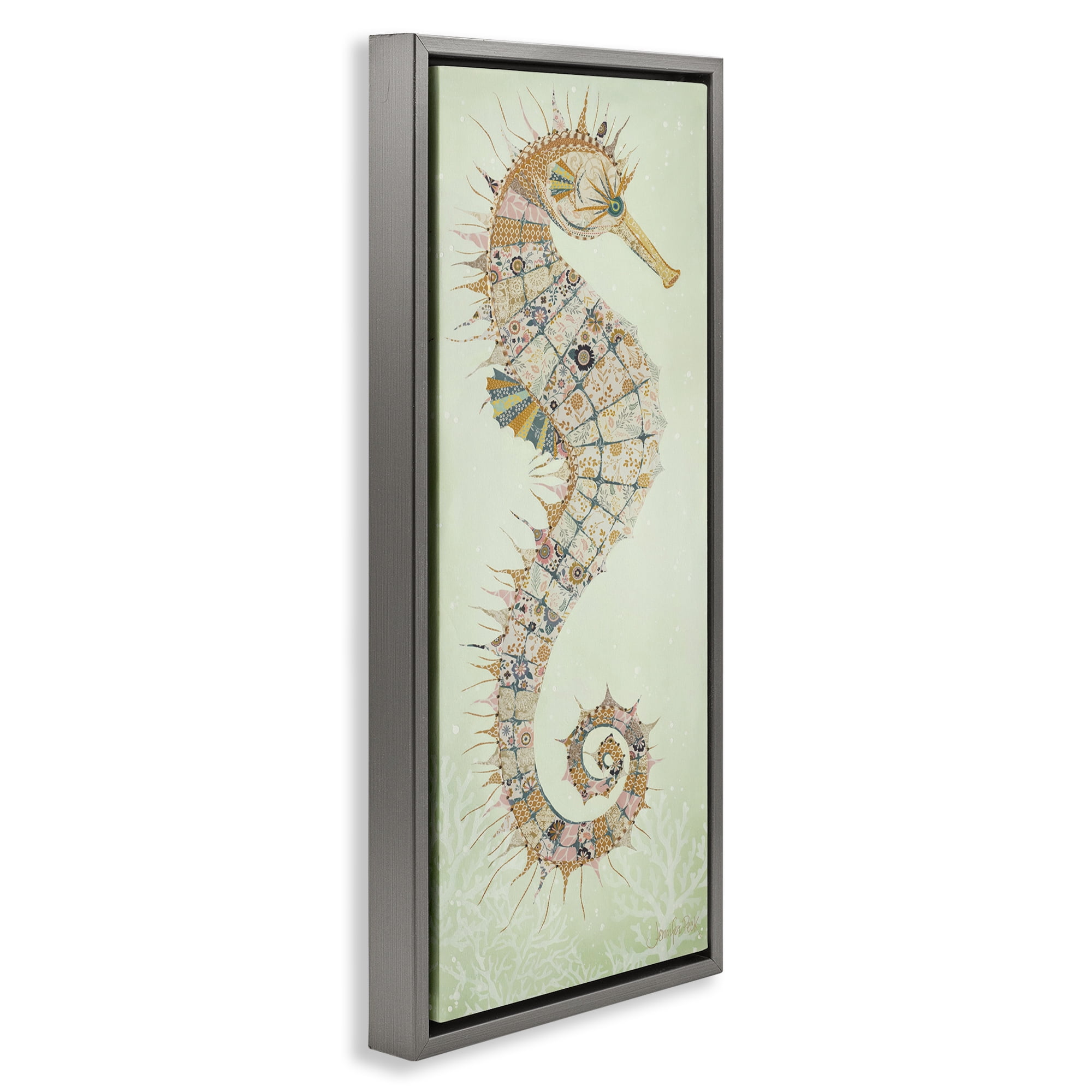 Stupell Industries Patterned Spikey Seahorse Animals & Insects Painting Gray Floater Framed Canvas Art Print Wall Art, 11 x 25