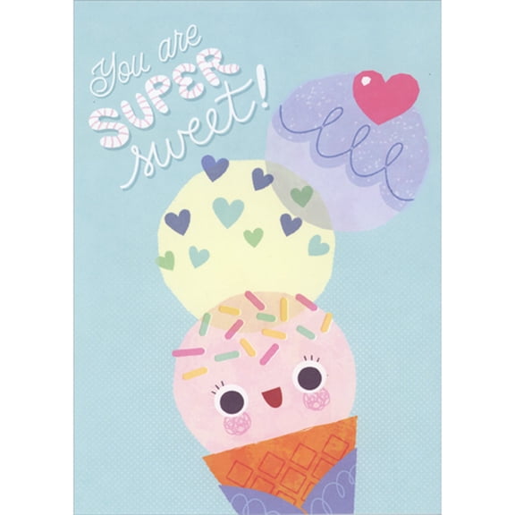 RSVP Super Sweet: Cute Pastel Triple Scoop Ice Cream Cone Juvenile Valentine's Day Card for Kids, Boy or Girl