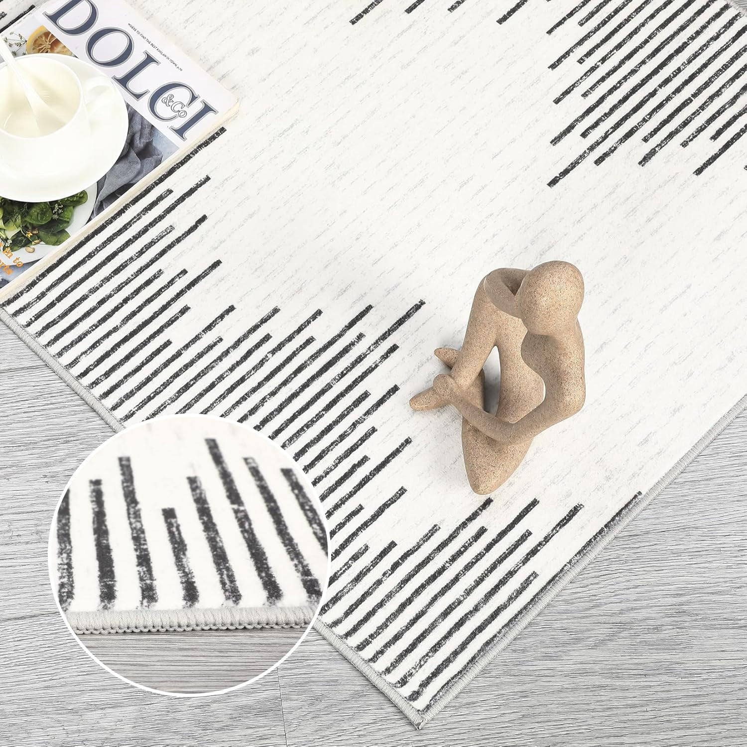 2x6 Washable Runner Rug for Front Door Bedroom Bedside Entryway Low Pile Neutral Area Rug Modern Striped Farmhouse Rugs White Rug