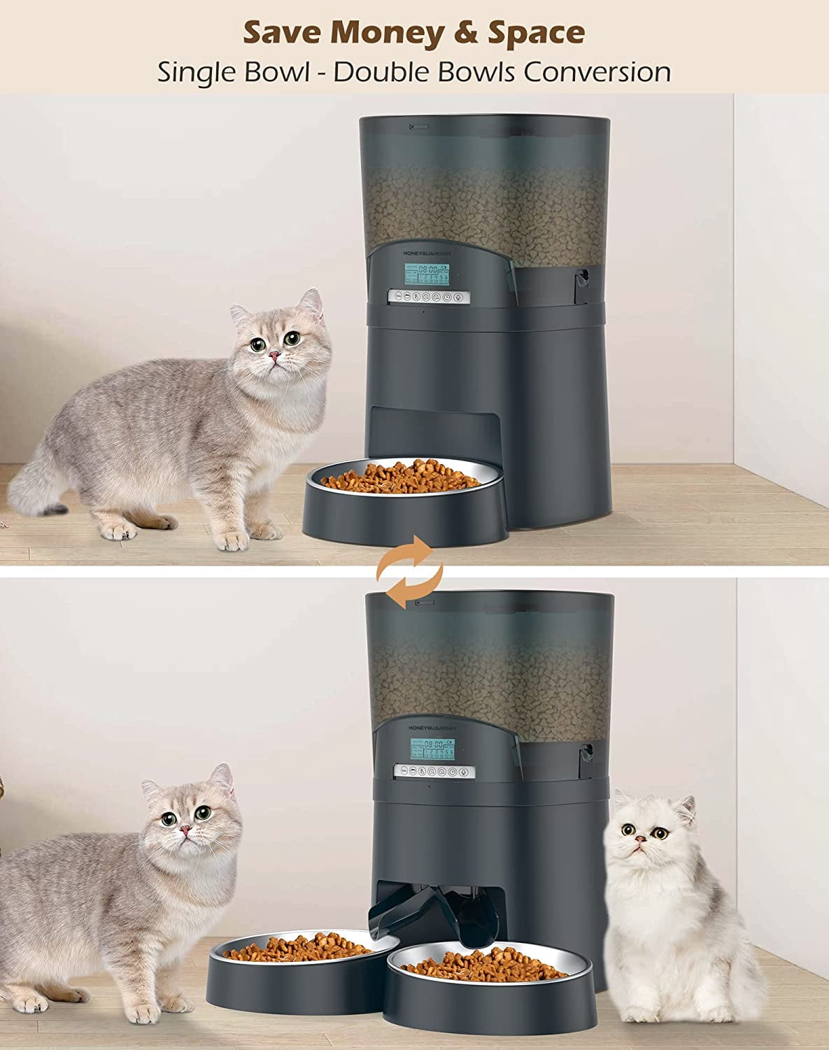 HoneyGuaridan Automatic Cat Feeders 2 Cats, 2.4G WiFi Smart Pet Feeder with APP Control for Cats and Dogs Dry Food Dispenser with 2 Stainless Steel Bowl, Desiccant Bag, 10s Voice Recorder (6.5L, Blue)