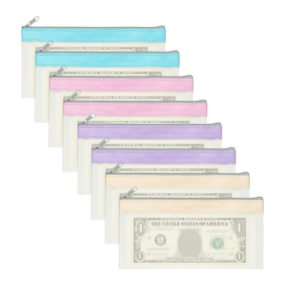 8.5x4 Inch Money Bags with Zipper, 8Pcs Clear Cash Deposit Bank Pouch Envelopes Check Wallet for Coin Cosmetics Invioce Bill, Blue/Pink/Purple/Beige