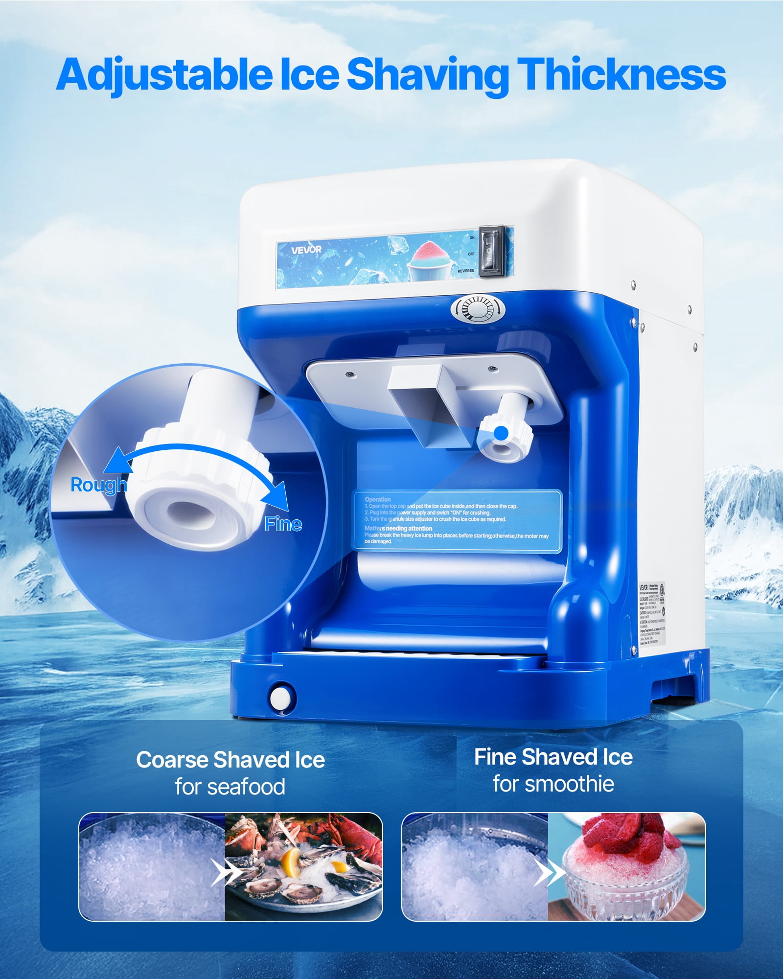 VEVOR Commercial Ice Shaver Crusher,286lbs Per Hour Electric Snow Cone Maker with 2L Ice Cube Box,250W 1500RPM Tabletop Shaved Ice Machine for Parties Events Snack Bar,Home and Commercial Use (Blue)