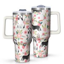 OBREWU Husky and Pink Flower Tumbler with Handle and Lid,Husky and Pink Flower 40oz Double Wall Vacuum Insulated Tumbler,Cups Gift for Women and Men