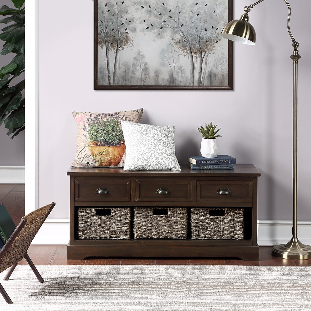 Lowestbest Rustic Entryway Bench with Storage, Wood Storage Bench with 3 Drawers and 3 Woven Baskets, Green Lowestbest Rustic Entryway Bench with Storage, Wood Storage Bench with 3 Drawers and 3 Woven Baskets, Green