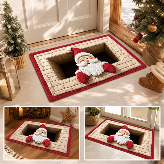 PoyoKee Christmas Decorations, Crystal Velvet 3D Santa Print Bathroom Rugs, Bath Mat for Entryway Porch Sink, Washable Rug for Household Indoor Xmas Decor