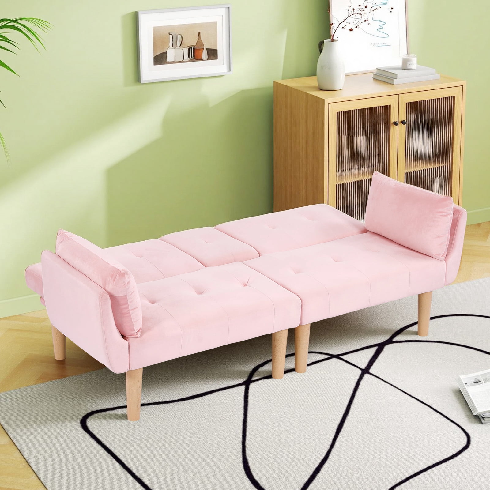 Leumius 72 Inch Futon Sofa Bed,Velvet Futon Couch with Adjustable Backrest and Cupholders,Suitable for Apartment,Living Room,Small Space,Pink