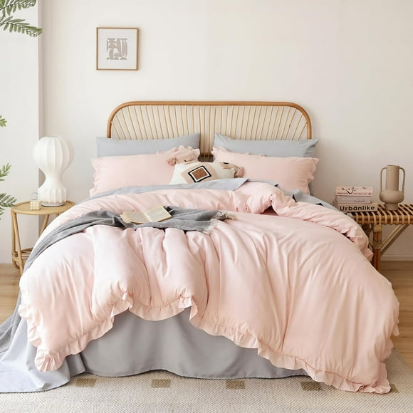 JANZAA King Size Comforter Set Pink Comforter Set 3PCS (1 Ruffled Comforter Set and 2 Pillowcases) Fluffy Comforter Set Vintage Farmhouse Shabby Chic Bedding Soft All Season