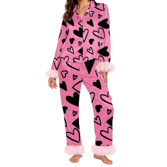 Valentine's Day Pajamas for Women Set Fall Fashion Must Have Womens Pajama Sets V Neck Fitness Pj Set Long Sleeve Matching Pjs for Couples Hot Pink