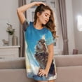 thumbnail image 3 of Honeii Blue Sky Winged Cat Print Women's Loose Short Sleeve Nightgown, Soft Cotton Sleepwear, Comfy Loose Fit Pajama Dress for Sleep and Lounge, 3 of 6