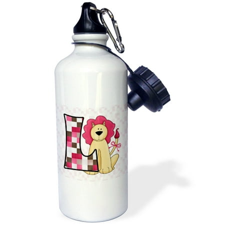 3dRose L is for Lion in Pink for Girls Baby and Kids Monogram L in Patchwork Prints, Sports Water Bottle,