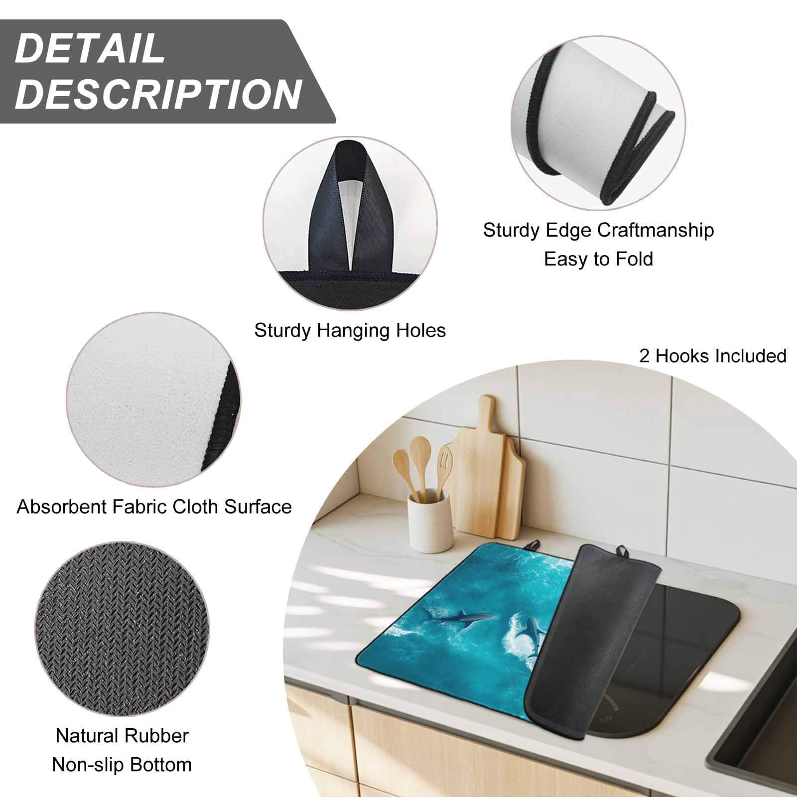 Teal Blue Ocean Shark Stove Top Cover for Electric Stove, Heat-proof & Non Slip Glass Top Stove Cover Protector, Coastal Wave Summer Beach Kitchen Flat Cooktop Rubber Mat 24x21 Inches
