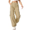 thumbnail image 2 of Women's Wide Leg High Waisted Multi Pocket Loose Fit Cargo Trousers, Utility Straight Leg Pants, Casual Military Style Pants for Women with Drawstring,Khaki,M, 2 of 6