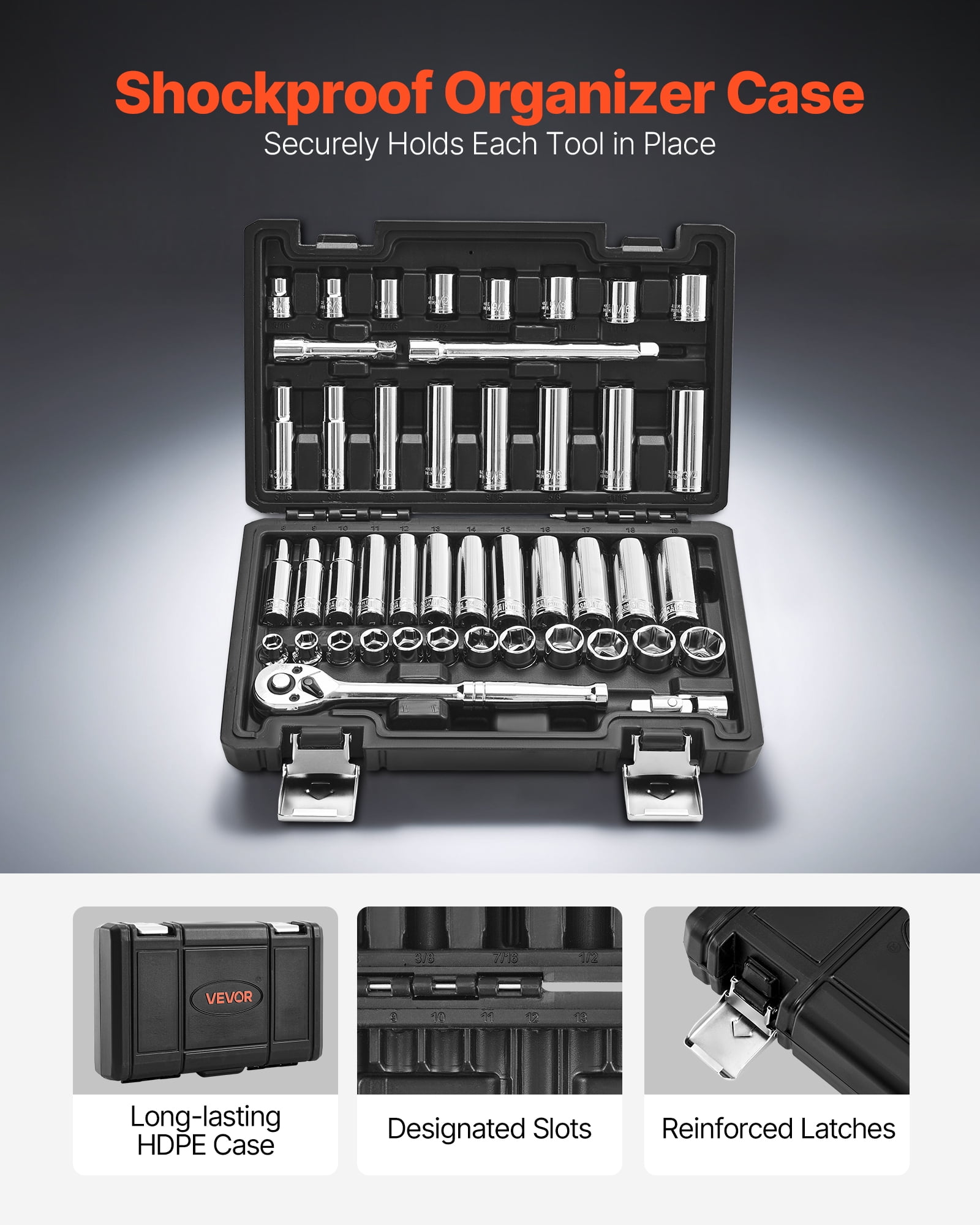 VEVOR Socket Set, 44 Pieces, 3/8 inch Drive Socket and Ratchet Set, SAE and Metric, Deep and Shallow, Mechanic Tool Kit with Accessories and Storage Case, CR-V Alloy Steel, for Automotive Repair