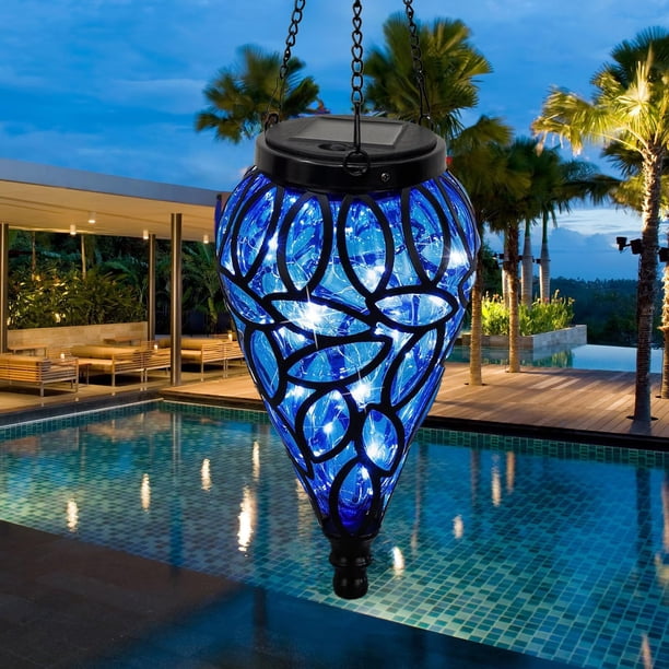 Lámpara solar colgante OMRAYTU en forma de lágrima, 15 LED, azul