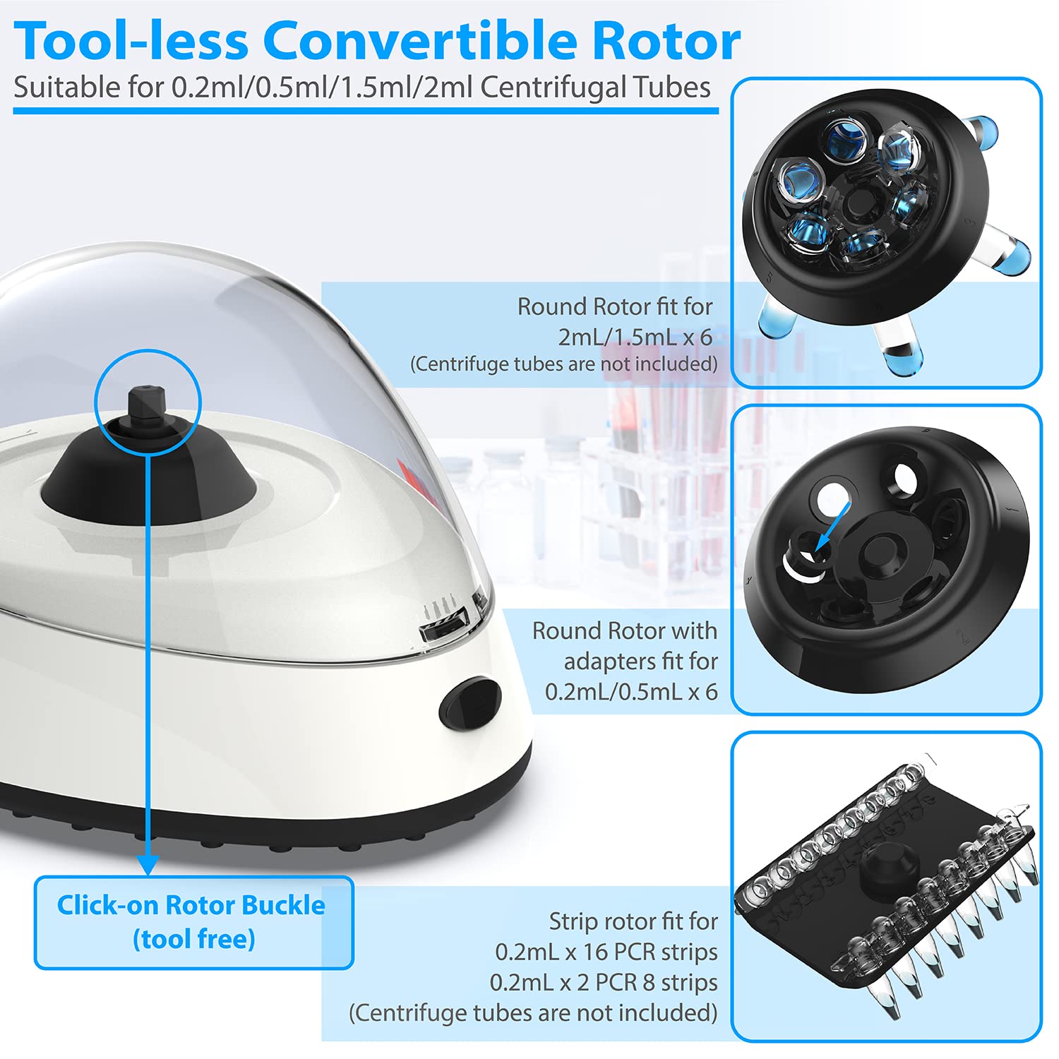 Mini Centrifuge 5400rpm, 2000 x g RCF with 2 Interchangeable Rotors for 0.2/0.5/1.5/2mL Tube Capacity