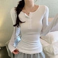 thumbnail image 4 of BUYISI Basic Simple Womens Round neck Long sleeves T-shirt Slim fit Base shirt Top White M, 4 of 9
