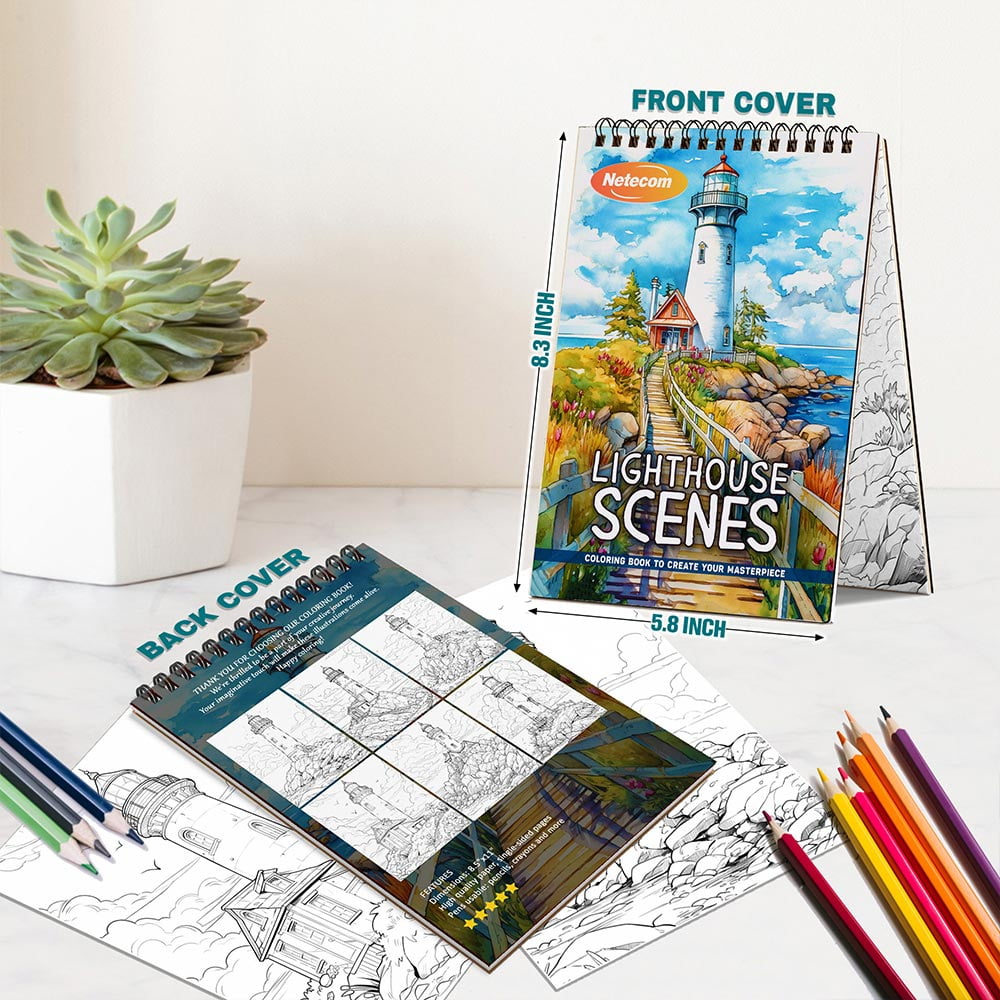 Netecom Lighthouse Scenes Coloring Book Spiral Bound For Adults, A5 Wooden Cover, 30 Calm Coloring Pages of Seaside Bluffs for Stress Relief and Relaxation