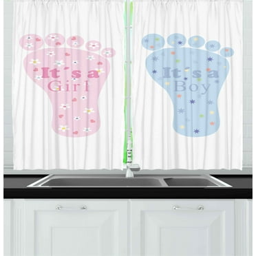 Ambesonne Cartoon Kitchen Curtains, Footprints Blooms, 55"x39", Pale Blue Pink