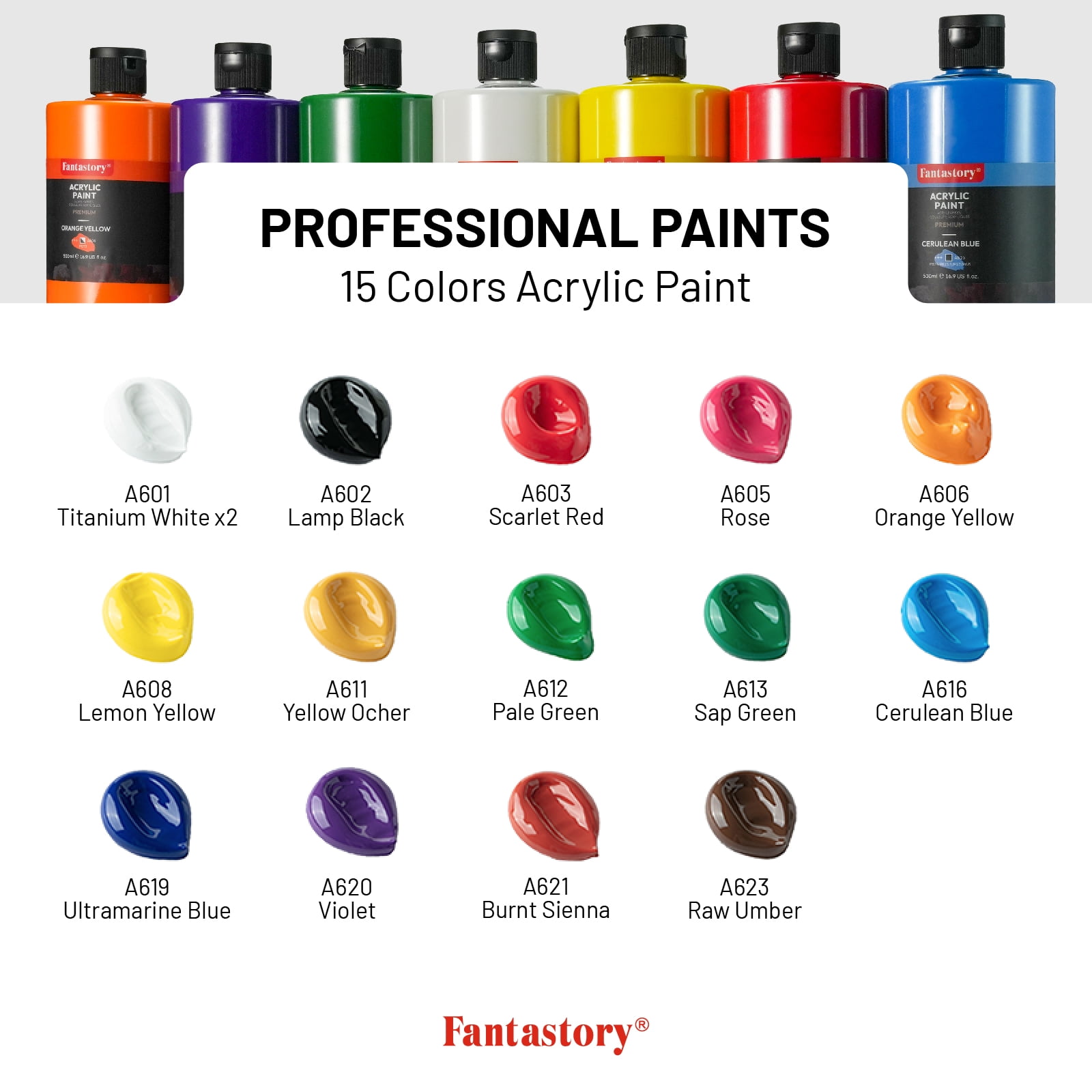 Fantastory 15 Colors Large Acrylic Paint Set (16.9 oz,500 ml) , Art Painting Supplies with Color Wheel