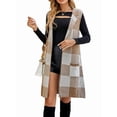 thumbnail image 3 of Women'S Sleeveless Suit Collar Long Coat Plaid Jacquard Knitted Vest with Cardigan Gray L, 3 of 7