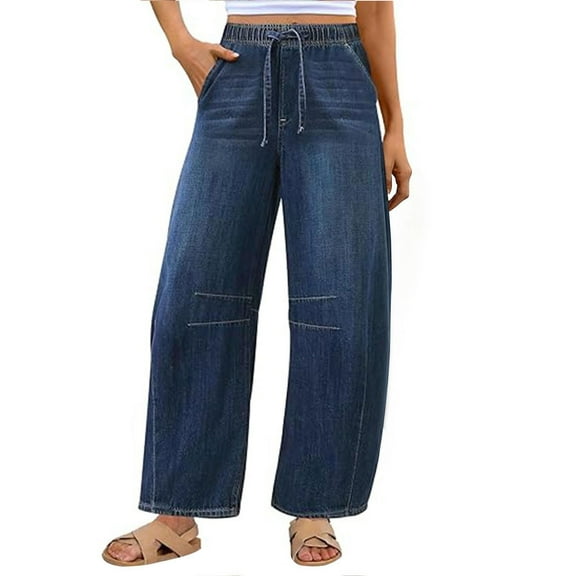 APEXFWDT Women's Wide-Leg Jeans Drawstring Elastic Waist Baggy Denim Pants Loose-Fit Casual Boyfriend Jeans,S,Blue