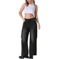 thumbnail image 2 of Pantalones de mezclilla anchos de mujer de carga de cintura alta casuales con bolsillos L negros, 2 of 5