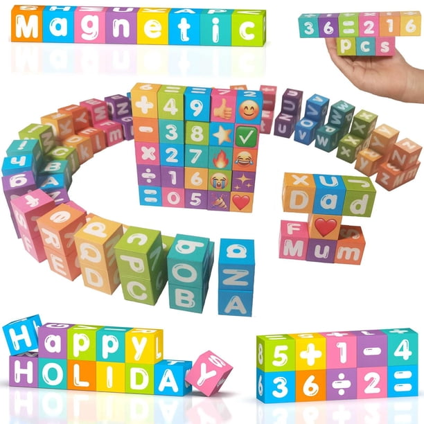 Bloques Magnéticos Portátiles con Letras y Números Magnéticos Alfabeto Montessori para Niños Juguetes Educativos de Construcción para Viaje, 216 en 36 piezas