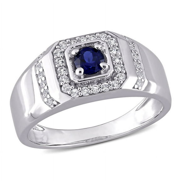 AMOUR 5/8 CT TGW Created Blue Sapphire and Created White Sapphire Men's Ring In Sterling Silver