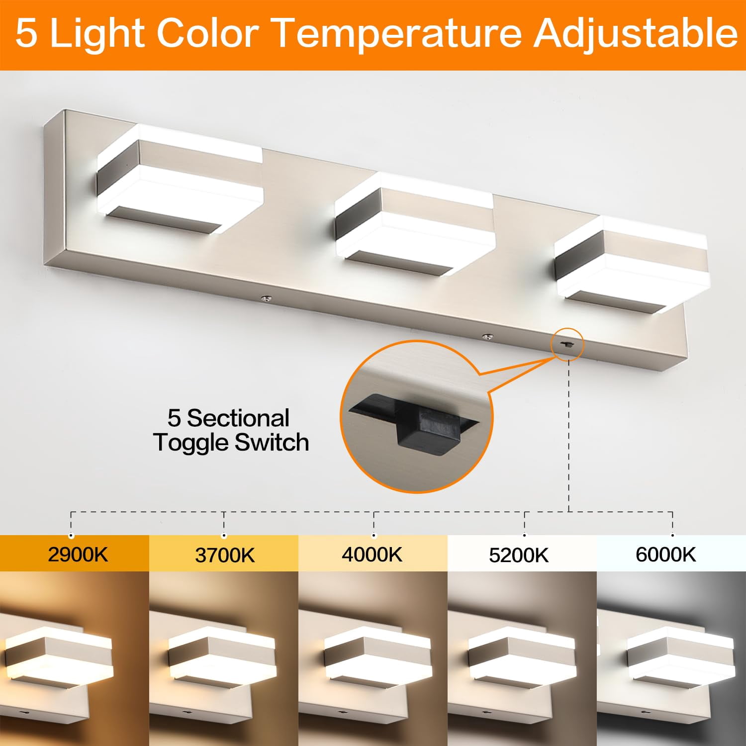 Vanity Lighting Over Mirror  3 Lights Brushed Nickel Bathroom Light Modern Led Fixtures 5 Color Temperature Adjustable For
