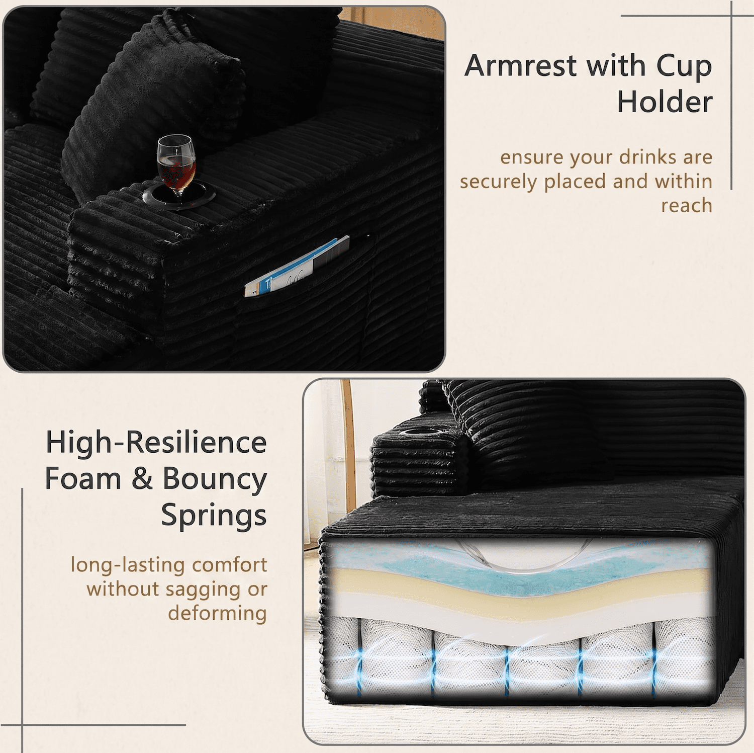 Xiweot Cloud Couch Modular Sectional Sofa for Living Room, 134" Oversized U Shaped Boneless Couch with Cup Holder & Storage Pocket, Corduroy Comfy Upholstered Deep Seat Sofa for Apartment, Black