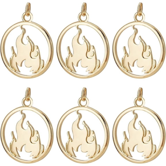 1 Box 10Pcs Fire Charms 18K Gold Plated Flat Round with Fire Fireplace Pendants Dangle Charms with Jump Ring for DIY Jewelry Necklace Earrings Bracelet Making