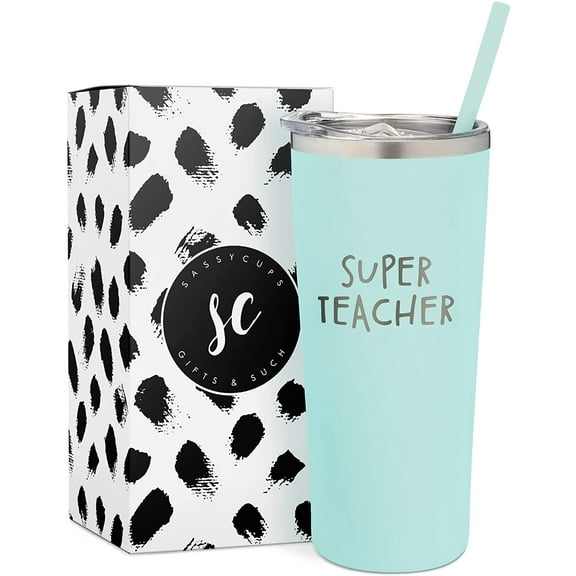 SassyCups Stainless Steel Engraved Super Teacher Tumbler, Gifts For Teacher, Mint,22 oz