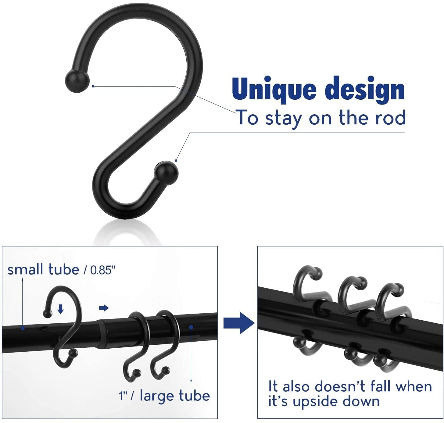 Metal Shower Curtain Hooks，Set of 12 Rings，Rust Resistant S Shaped Hooks Hangers for Kitchen Utensils, Clothing, Towels, etc. (Black)