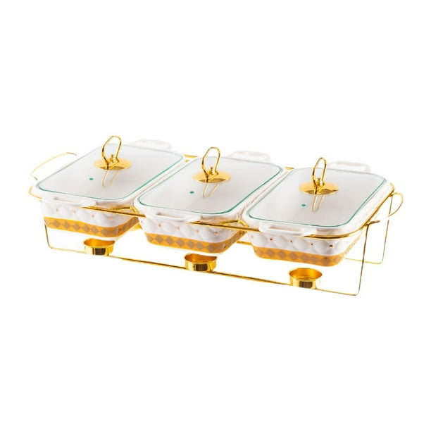 Juego de buffet Chafing Dish Bandejas calentadoras con tapa y asas con rejilla Buffet Blanco de oro
