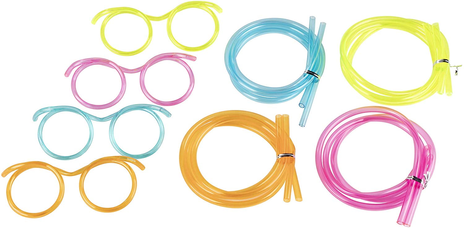 Silly Straw Glasses - 12-Pack Flexible Drinking Straw Novelty Eyeglass