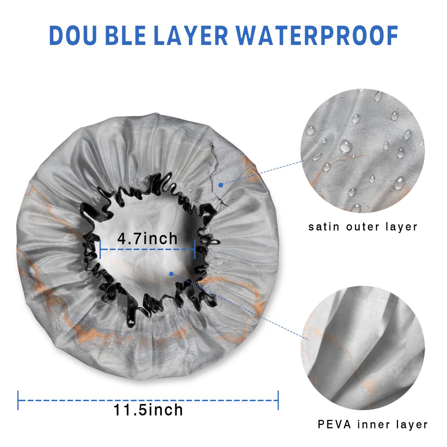 Shower Caps,Gray Orange Marble Pattern Waterproof Shower Cap for Women 4 Pieces,Double Reusable Hair Cover for Shower PEVA Elastic Stretch Hem