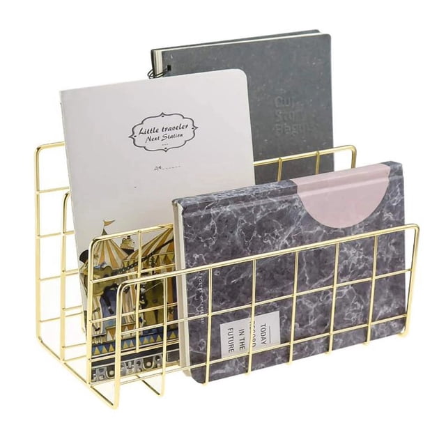 Metal Mesh Desk Organizer Desktop Letter Sorter Mail Tray File Organiser Office Home Bookends Book Holder - Gold