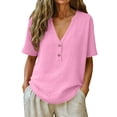 thumbnail image 3 of Women's Relaxed Fit V Neck Short Sleeve Solid Pullover Top Comfy Breathable Soft Casual Daily Wear Weekend Outfits | CSEONE,Pink XL, 3 of 7