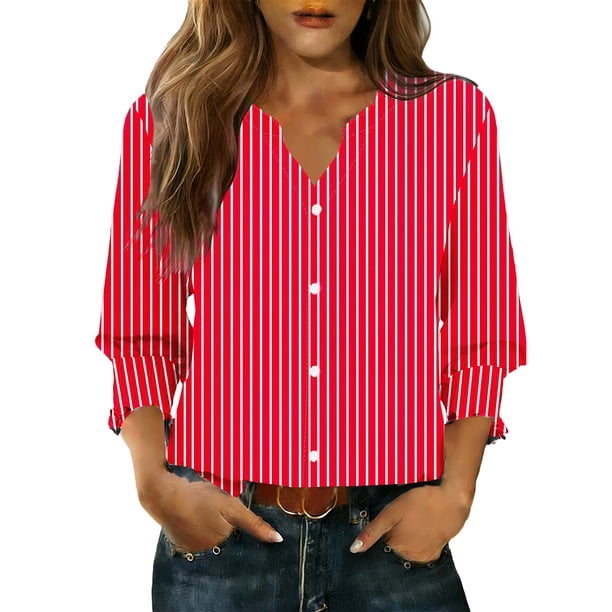 Camisas de Cuello de la Tripulación de Manga Corta para las Mujeres Moda Verano Casual Botón Arriba Cuello en V con Tejido Súper Suave