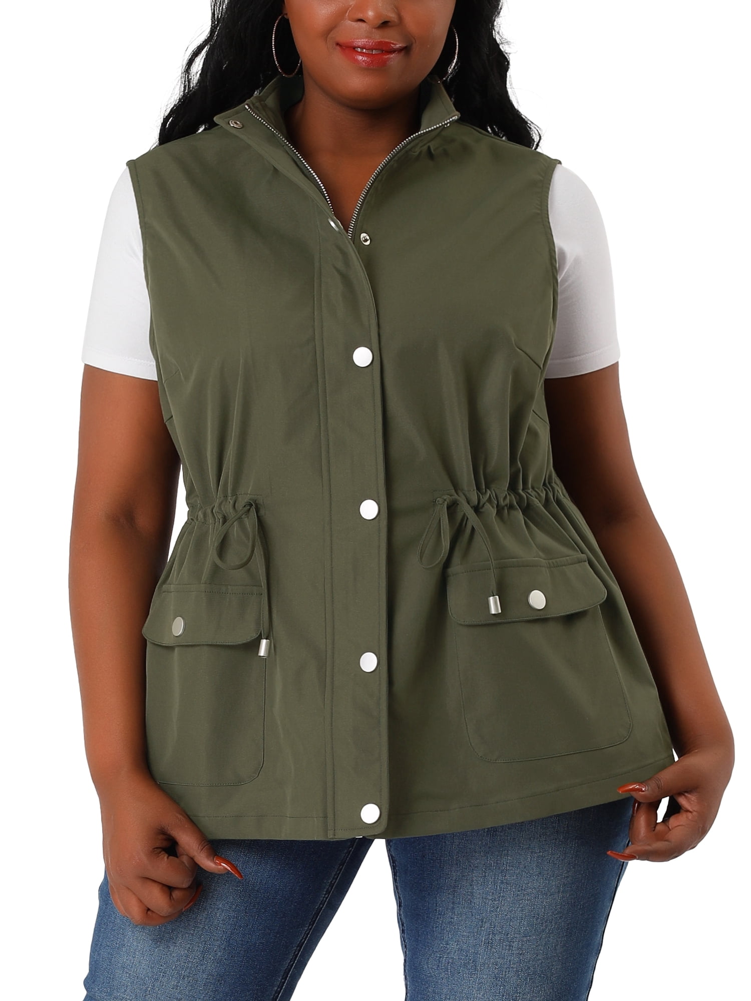 DARING DIVA Women's Plus Size Lightweight Sleeveless Anorak Cargo Vest 5X Army Green