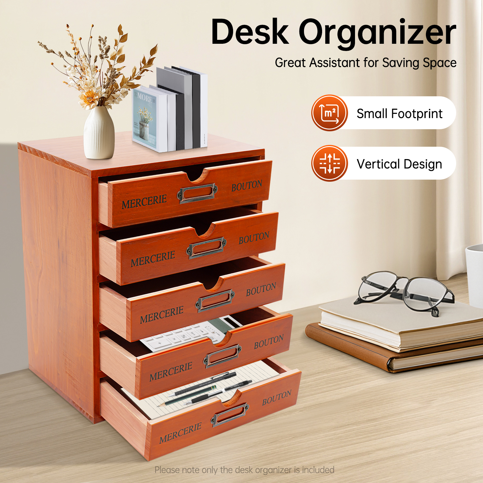 Peakora 5-Drawer Wooden Desk Organizer Pine Wood Storage Drawers Vintage Shelf Drawer Desktop Organizer with Drawers Retro Style Storage Box Desktop Storage for Office Study Bedroom, Dresser